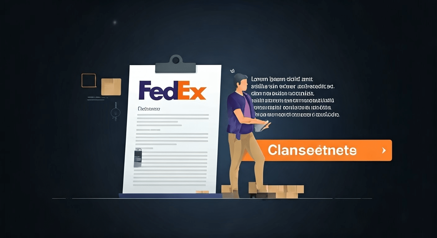 Illustration of a person beside a large clipboard with the FedEx logo, surrounded by packages. There is placeholder text on the clipboard and an orange button labeled Clanseétnetes. The background is dark with digital icons.