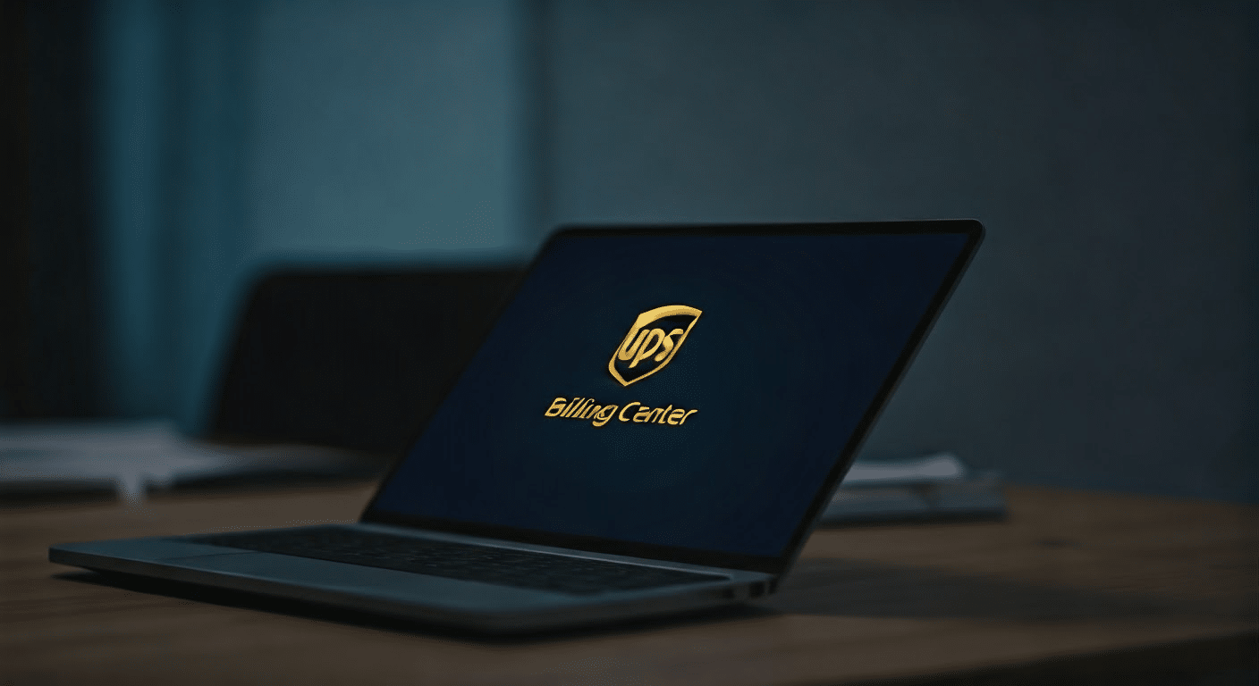 A laptop on a wooden table displaying a dark screen with a logo that reads Billing Carter with OPS in a shield shaped design. The background is dimly lit, creating a focused and professional atmosphere.