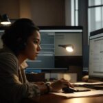 Person wearing headphones working at a desk with multiple computer monitors displaying code and a UPS report. The room is dimly lit with desk lamps, creating a focused atmosphere.