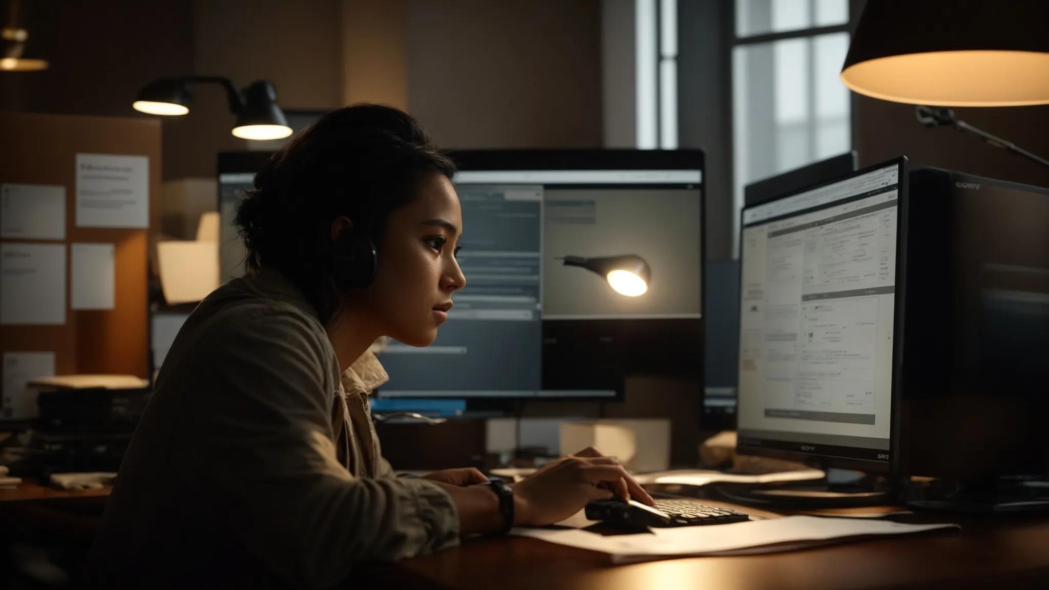 Person wearing headphones working at a desk with multiple computer monitors displaying code and a UPS report. The room is dimly lit with desk lamps, creating a focused atmosphere.