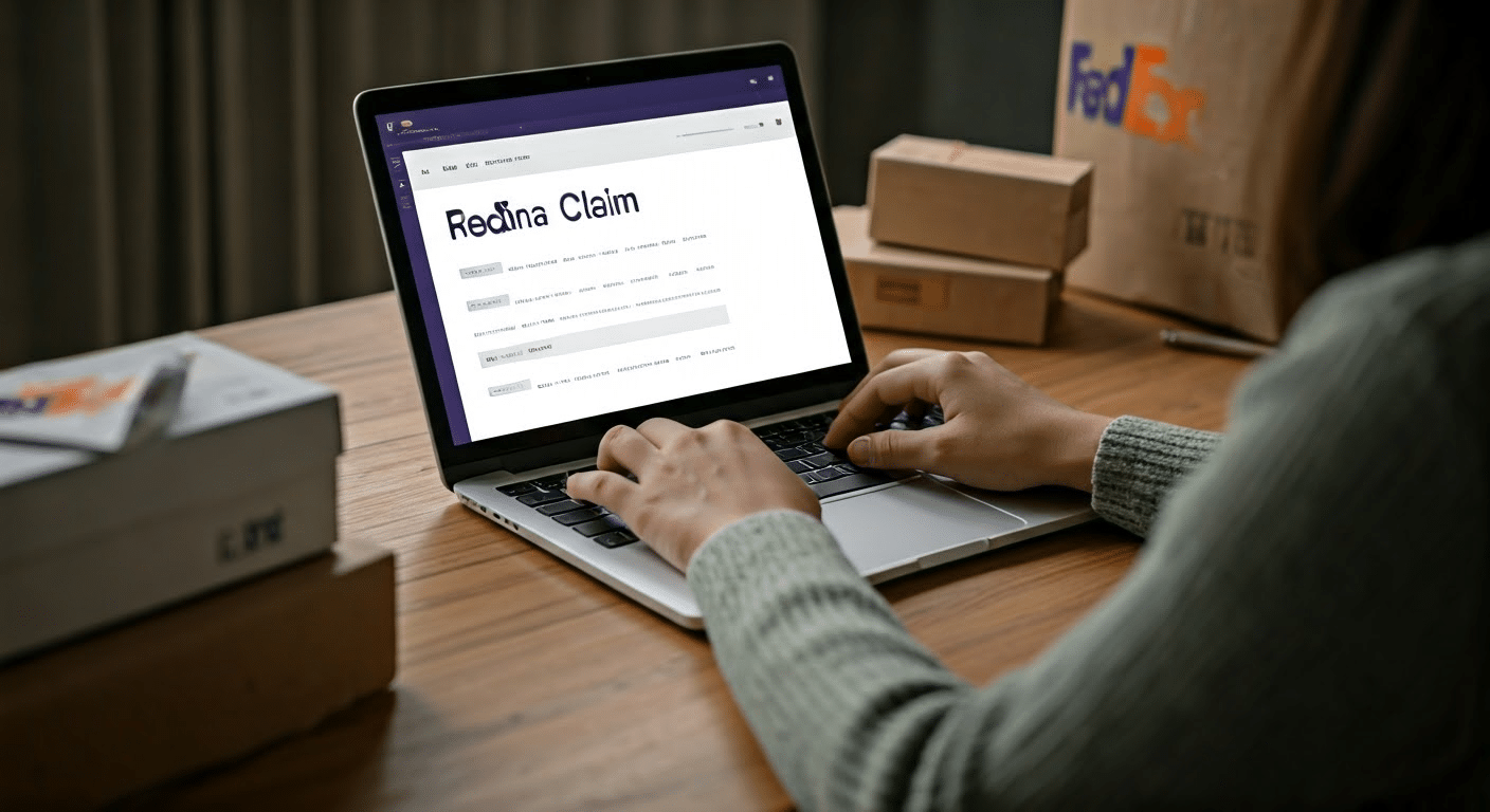 A person sits at a wooden desk using a laptop displaying a FedEx Claim form. Several cardboard packages are stacked around the workspace. The room appears dimly lit.