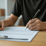 A person in a black shirt fills out a form on a clipboard at a wooden table. A UPS logo is visible on a nearby brown package. The setting appears to be an office or shipping area, with other packages blurred in the background.