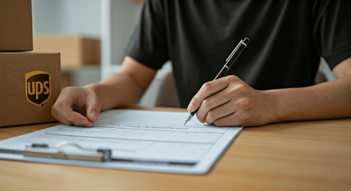 A person in a black shirt fills out a form on a clipboard at a wooden table. A UPS logo is visible on a nearby brown package. The setting appears to be an office or shipping area, with other packages blurred in the background.