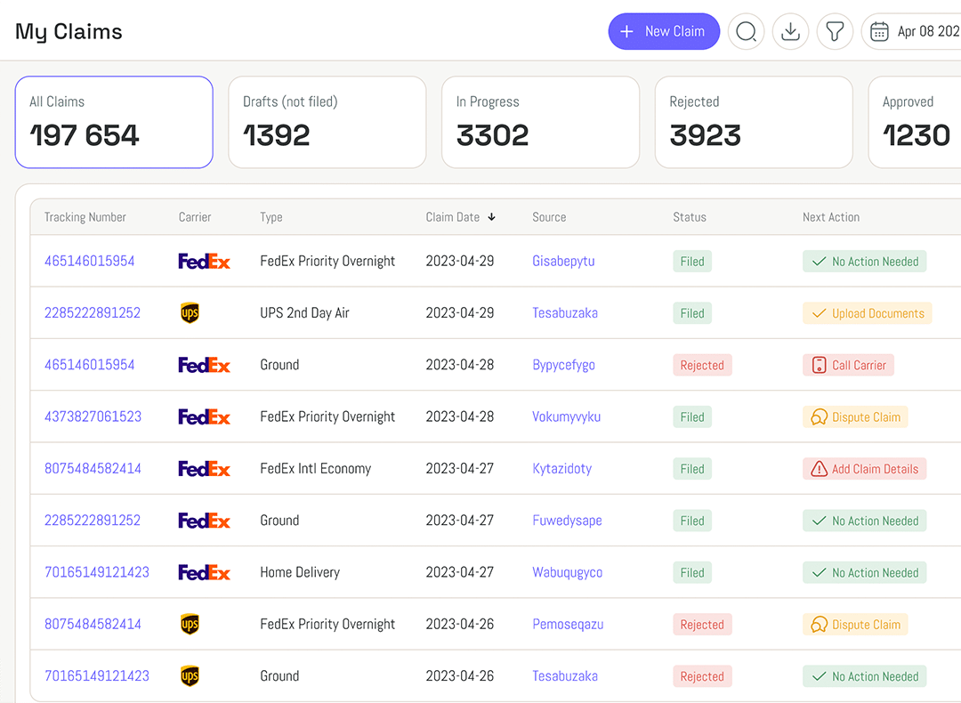 A claims management dashboard showing a summary of claims: all claims (197,654), drafts (1392), in progress (3302), rejected (3923), and approved (1230). It lists several claims with tracking numbers, carriers, dates, and statuses.